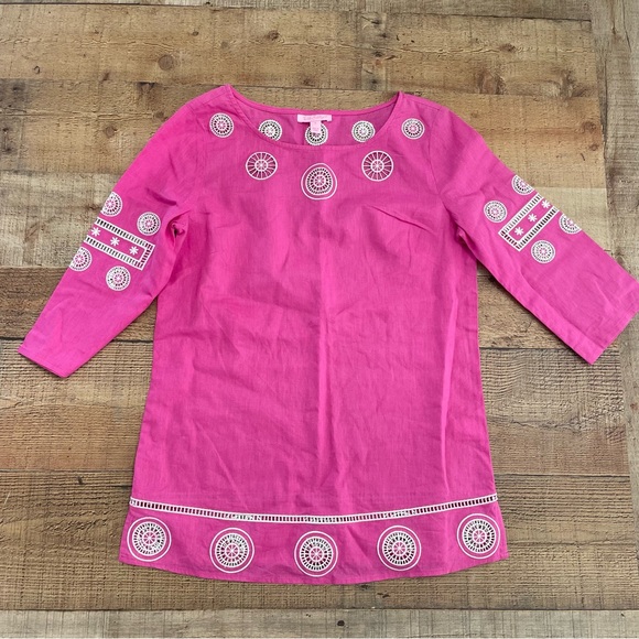 Lilly Pulitzer Tops - Lilly Pulitzer Wide Neck Tunic Top Linen Fuchsia Pink White Emroidery Size 0